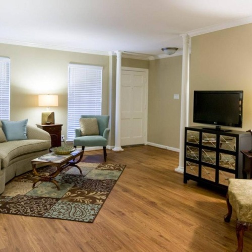 a living room with a tv and couches